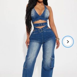 High-Waist Blue Denim Cargo Jeans